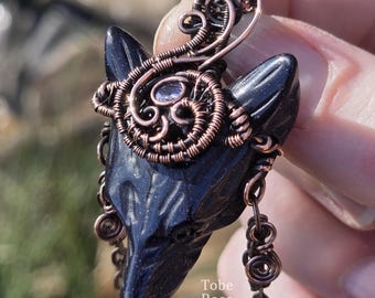 Blue Sandstone Wolf Pendant: Copper Wire Wrapped Pendant Necklace with Lavender Cubic Zirconia
