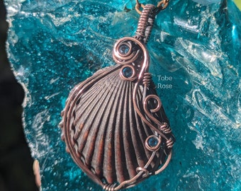 Seashell Copper Wire Wrapped Pendant: Blue Cubic Zirconia, Beach Jewelry