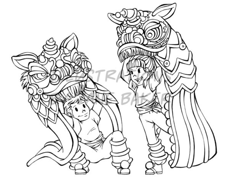 Digital Stamp Lion Dance Digi Stamp Coloring Page | Etsy