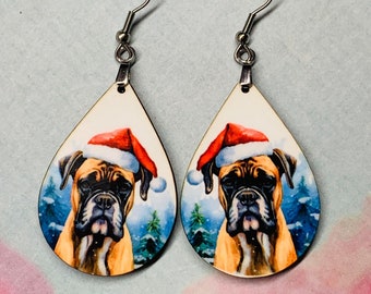 Boxer Earrings, Boxer Dog, Boxer Mama, Christmas Earrings, Teardrop Earrings, Boxer Lover, Fawn Boxer, Reverse Brindle, Santa Boxer, Gifts