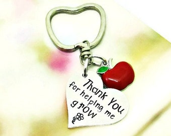 Teacher Gift, Thank You For Helping Me Grow Keychain, Hand Stamped Gift, Daycare Provider, Teacher's Assistant, Paraprofessional Apreciation