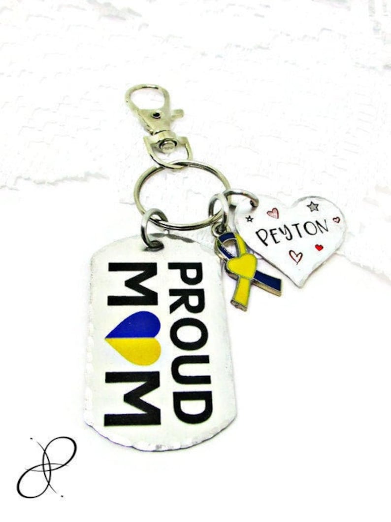 Down Syndrome Awareness Down Syndrome Keychain Hand Stamped Key Chain Personalized Gift Proud Mom Child Yellow /& Blue Awareness Ribbon
