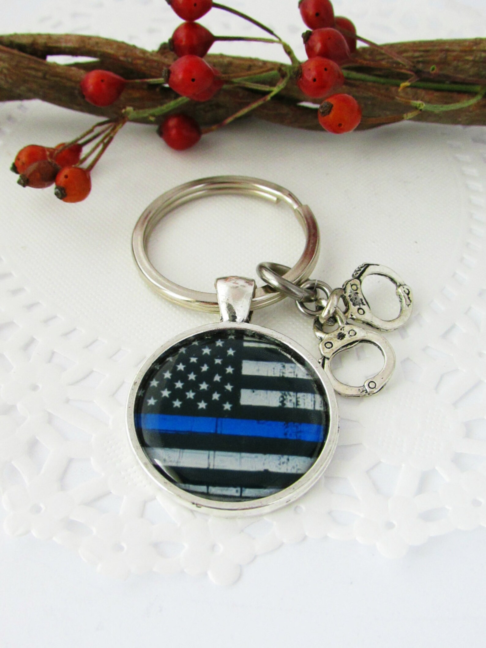 The Thin Blue Line US Flag Image Keychain with Handcuffs Law Etsy