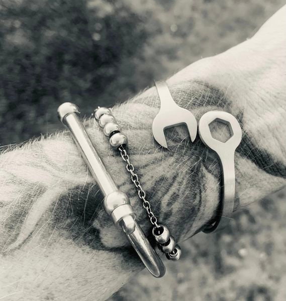 Brown String and Leather Wrench Bracelet - Adjustable - Greasy