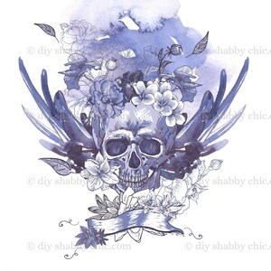 Calcomanías de tobogán Decales Shabby Muebles Chic Transferencia Vintage Antigua Casa Artesanía Etiqueta Artesanías Scrapbooking Tarjeta haciendo CRÁNEO AZUL BRICOLAJE