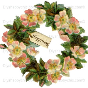 Waterslide Decals Shabby Chic Furniture Image Transfer vintage Antique Home Craft Label Crafts Scrapbooking Card Making DIY Happiness Wreath