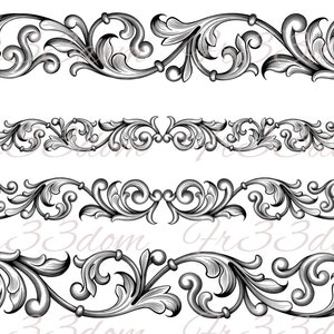 May include: Four black and white ornate decorative borders with a floral design. The borders are made up of intricate swirls and leaves.