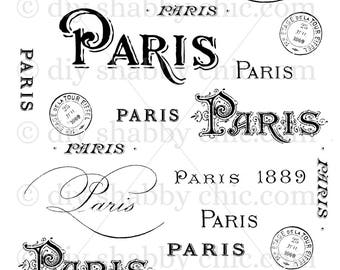 May include: A collection of black and white typography featuring the word "Paris" in various styles and fonts. Some of the text includes the year 1889 and the words "Etage de la Tour Eiffel".