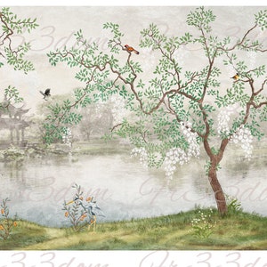Decalques toboágua, diy chique, transferência de móveis, transferência de imagem vintage, artesanato doméstico antigo 391 lago japonês