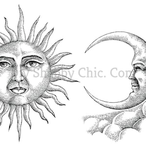 Tobogán de agua Calcomanías Shabby Chic Muebles Transferencia de imágenes Vintage Antique Craft Label Artesanías Scrapbooking Card Making DIY Sun Moon bw