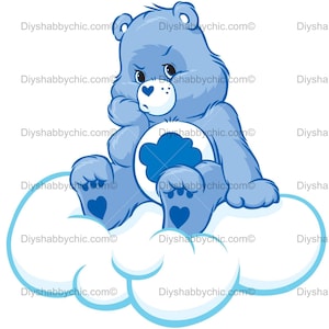 May include: A blue Care Bear with a frown sits on a white cloud. The bear has a blue heart on its chest and a blue cloud on its belly. The bear is wearing a blue headband with a white heart.