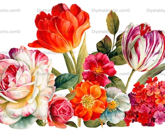 May include: A bouquet of watercolor painted flowers, including a red and orange tulip, a white and pink rose, a red rose bud, a red and white striped tulip, a red and white hydrangea, and a light blue flower.
