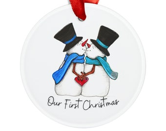 Our First Christmas as Newlyweds: Snowmen Kissing Ornament