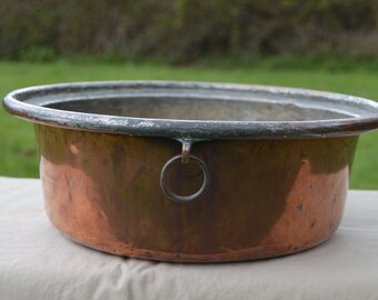 Antique BIG Copper Pan Dough Pan Ring Handle Copper Pot Bowl Seau Bassine True Antique Patina Unpolished Unrestored Direct From France