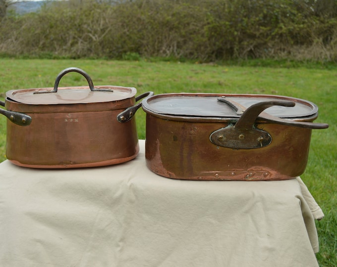 Two Antique Copper Daubieres Casseroles Faitouts French Stewing Casseroles Stock 36cm + 27cm Authentic Quality Copper Direct From France