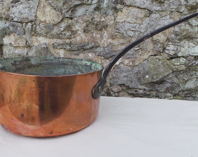 Antique Copper Pan Saucepan Saute Pan Unrestored Sold As Found Unrefurbished Well Used Rounded Base Antique 1800's Artisan Made Museum Piece