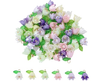 10pcs Colorful Bell Flower Plastic Charms, Lily of the Valley with Leaf Charm Pendant, DIY Jewelry or Bracelet Necklace Earring Jewelry