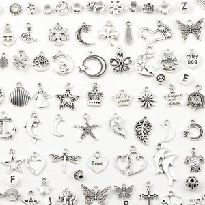 50pcs Antique Silver Charms Pendants Kits, Alloy Silver Pendants Mixed Bulk Wholesale, DIY Bracelet Necklace Handmade DIY Jewelry Findings