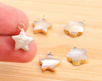 5pcs Mother of Pearl Star Flower Charm, Gold Plated Jewelry Finding