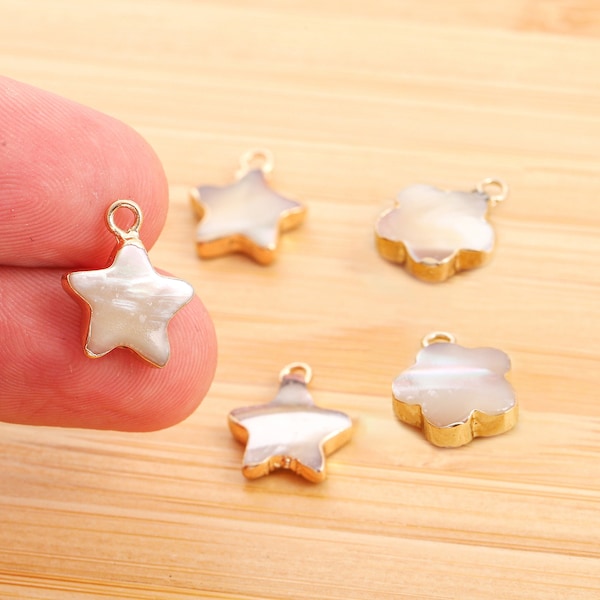 5pcs Natural Mother of Pearl Shell Star Flower Shape Charm Pendant, Gold Plated Cute Star Flower Pearl Charms Earrings DIY Jewelry Findings