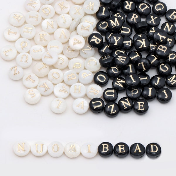 8mm A-Z Natural Shell White Black Letter Bead Gold Writing, Round Flat Bright Shell Alphabet Initial Beads for Necklace Bracelet DIY Jewelry