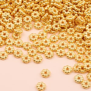 100 Gold Flower Beads, Lightweight Spacer Beads (6mm)