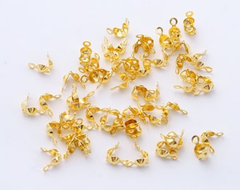 50pcs Gold Plated Clamshell Bead Tips with 2 Rings, Knot Cover (4x8mm)