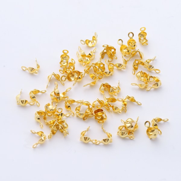 50Pcs 18K Gold Plated Clamshell Bead Tip With 2 Rings Hole, Knot Tip Cover Ends for Necklace Bracelet DIY Jewelry Making Findings Supplies