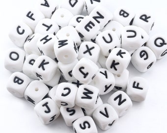 12mm Silicone White Cube Letter Beads Black Writing, Square Individual Specific Alphabet Bead, Bulk Silicone Beads Wholesale, DIY Jewelry