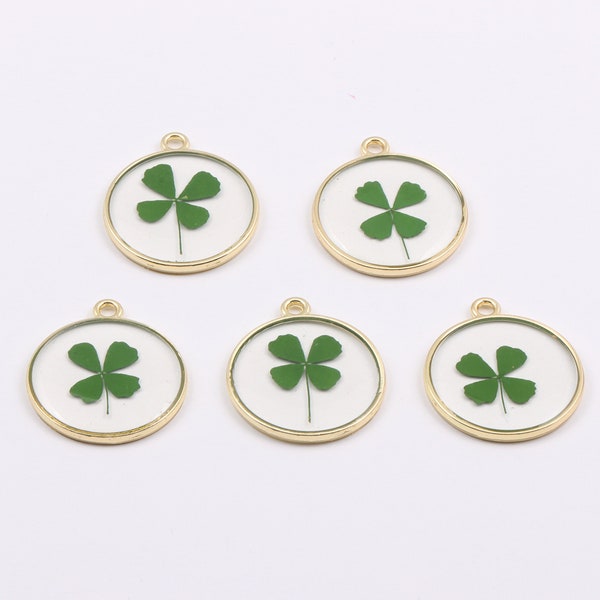 5Pcs Gold Round Pressed Four Leaf Clover Charm Pendant, Dried Green Plant Resin Clear Charm for Necklace Earring Jewelry Findings DIY Making