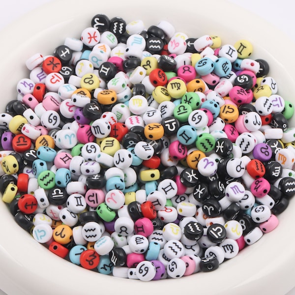 100pcs Round Flat 12 Zodiac Sign Beads, Acrylic Constellation Astrology Sign Symbol Beads, White Black Colored Zodiac Beads for DIY Jewelry