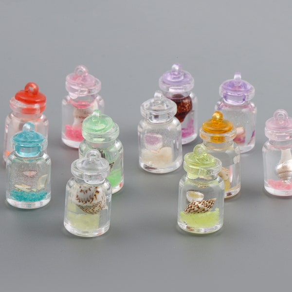 10 pièces pendentif à breloque bouteille à la dérive en verre lumineux de couleur claire avec nacre naturelle, petites bouteilles en verre mignonnes pour bijoux à bricoler soi-même