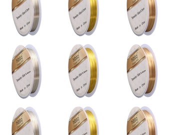May include: Nine spools of copper wire in three colors: gold, silver, and bronze. Each spool is labeled with the brand name "hibbzj" and the text "Tamaño/Size: 0.5mm" and "Made in China".