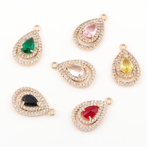 2pcs Crystal CZ Paved Teardrop Shape Charm Pendant, Gold Plated Dainty Cute Colored Crystal Charms for Necklace Earrings DIY Jewelry Making