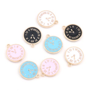 10pcs Enamel Colored Clock Charm Pendant, Gold Plated Cute Tiny Clock Charm for Necklace Earrings Findings DIY Jewelry Making Supply