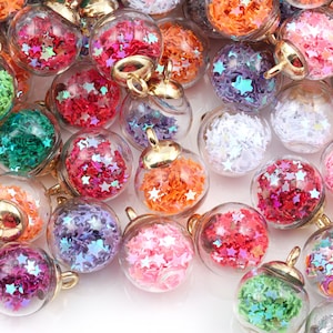 10pcs Transparent Glass Ball Charms Pendants with Colored Sparkly Stars Confetti, Tiny Cute Star Glass Balls for DIY Crafts Jewelry Findings