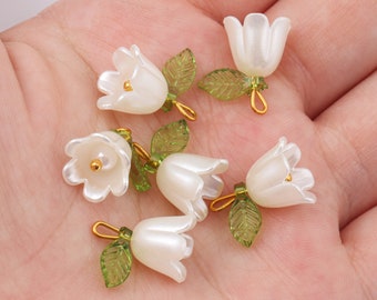 10 White Lily of the Valley Flower Charms, 3D Pearl Pistil, DIY Earrings