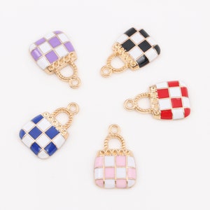 10pcs Enamel Colored Check Lady Bag Charm Pendant, Gold Plated Cute Tiny Bag Charm for Necklace Earrings Findings DIY Jewelry Making Supply