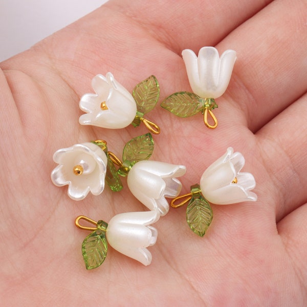 10pcs White Lily of the Valley with Leaf Charm Pendant, 3D Tiny Cute Pearl Pistil Bell Flower Leaves Charm for Earrings DIY Jewelry Findings