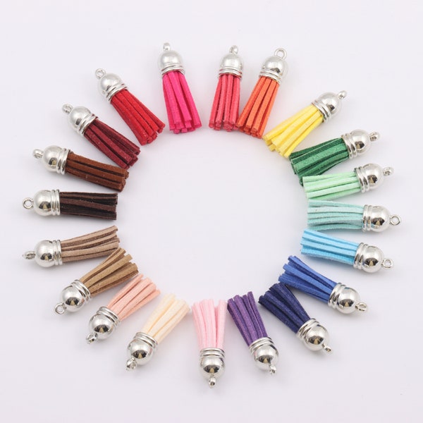 10pcs Multi Colored Suede Leather Tassel Charm Pendant, Mini Cute Laether Tassels Silver Cap for Bag Keychains DIY Jewelry Making Findings