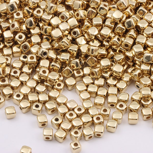 100Pcs 4mm 14K Gold Cube Beads, Square CCB Bead, Geometric Tiny Square Spacer Bead for Necklace Bracelet Earring DIY Jewelry Making Supplies