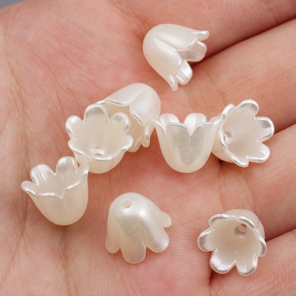 50pcs White Lily of the Valley Petal Beads Charms, Dainty Tiny Cute Pearly 3D Bell Flower Bead Charm for Earring DIY Jewelry Making Findings