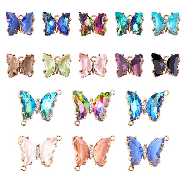 5 piezas de colgante de mariposa de cristal delicado, chapado en oro lindo brillante claro Muti-color mariposa encanto para collar pendiente DIY fabricación de joyas