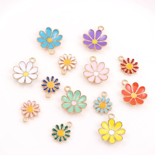 10pcs Enamel Colored Daisy Flower Charm Pendant, Gold Plated Dainty Cute Tiny Daisy Flower Charm for Necklace Earrings Findings DIY Jewelry