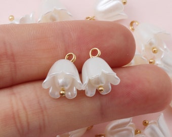 10 Lily of the Valley Flower Charms, 3D Pearl Bell Pendants (10x11mm)