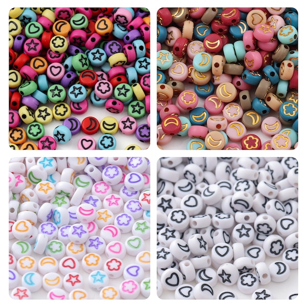 100pcs 7mm Round Flat Colorful Acrylic Beads, Cute Flower Star Moon Heart Pattern Spacer Beads for Friednship Bracelet Making DIY Jewelry