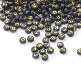 Black and Gold Letter Beads, Initial Alphabet Beads (100 Pcs)