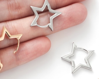 1pair Star Hoop Earrings, Gold Silver Plated Cute Star Huggie Earrings, Earring Clasp, DIY Leverback Huggie Earring Findings, Gift for Her