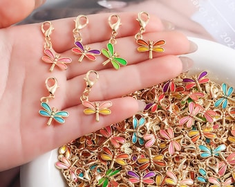 5Pcs Enamel Dragonfly Charms, Gold Plated Lobster Clasp Pendants, Animal Craft Supplies