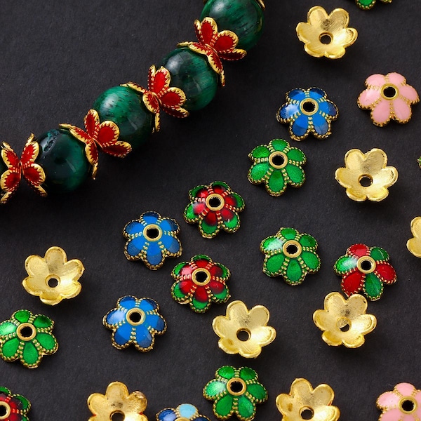 100 capuchons floraux en émail, petites fleurs colorées en filigrane (7 mm)